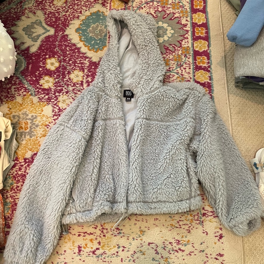 BDG Cropped Gray/Blue Puffer Jacket with Hood